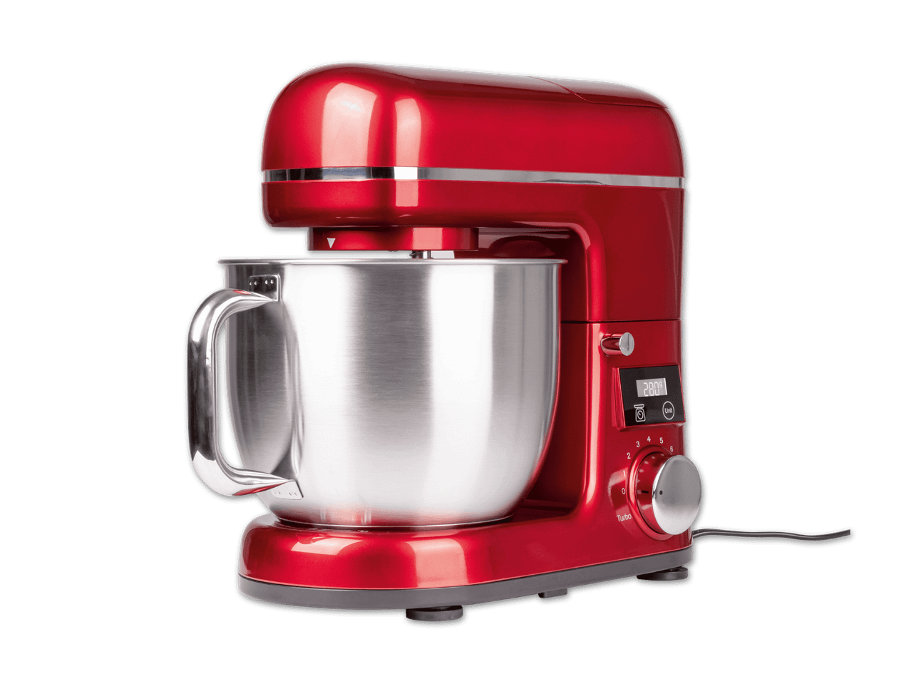 Eine rote Küchenmaschine mit Edelstahlschüssel steht auf schwarzem Hintergrund.