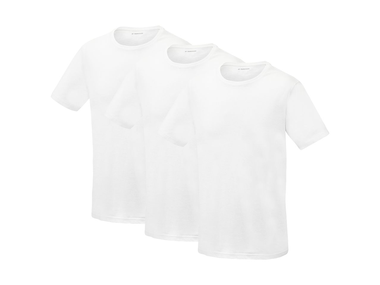 Tre hvide Parkside t-shirts stablet oven på hinanden.