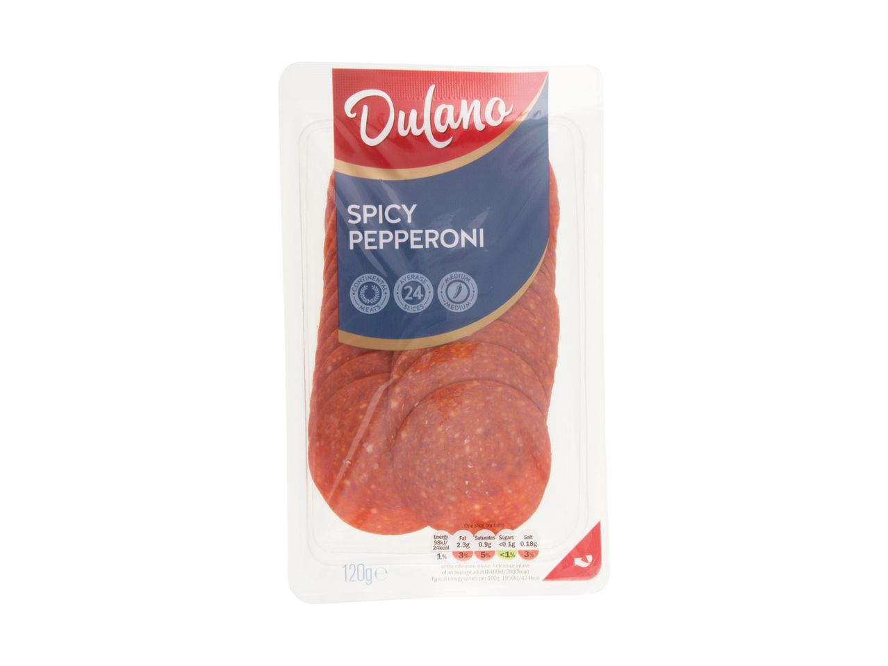 Pack of spicy pepperoni slices, with nutritional information and a 