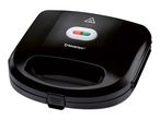 Black sandwich maker with red and green indicator lights and a hot surface warning symbol.