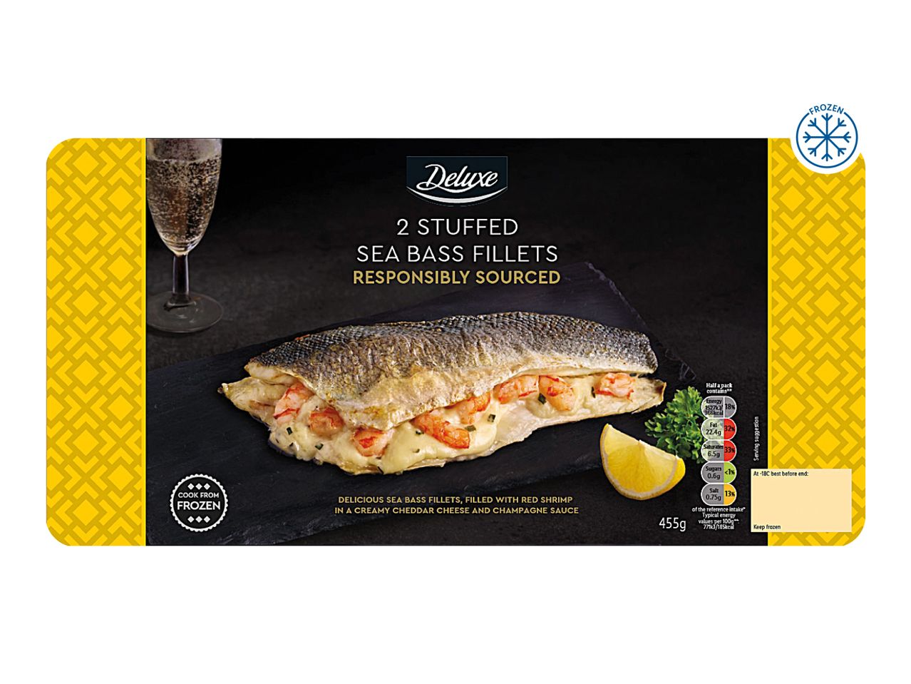 Deluxe 2 Stuffed Sea Bass Fillets with red shrimp, cheddar cheese, and champagne sauce.