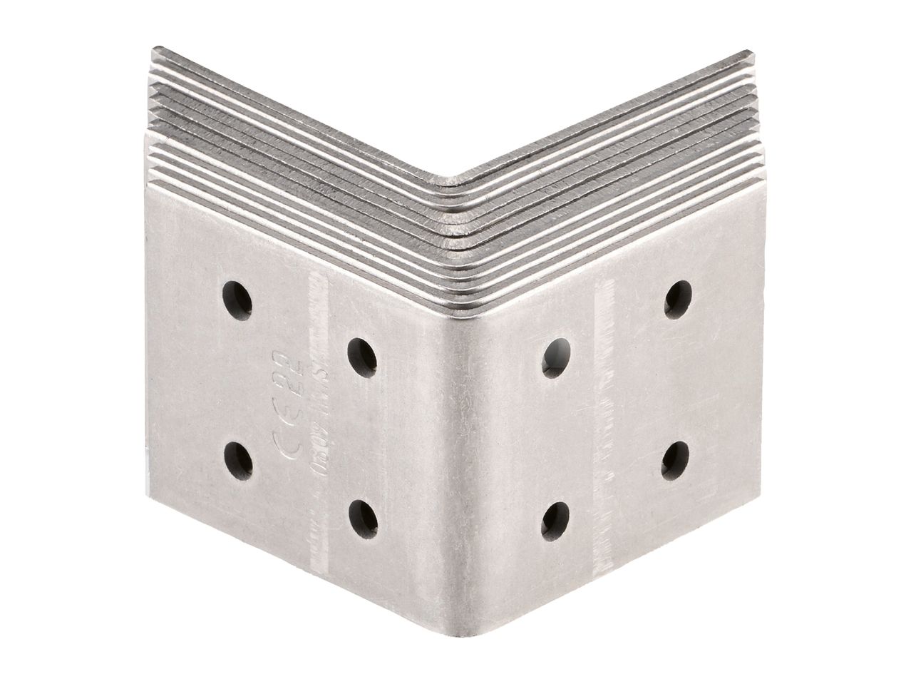 Stack of metal L-shaped corner brackets with pre-drilled holes