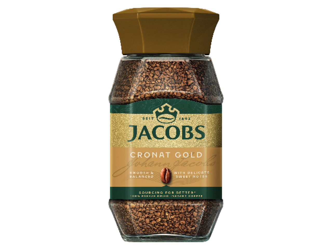 Jacobs Cronat Gold šķīstošā kafija stikla burkā ar zelta vāku