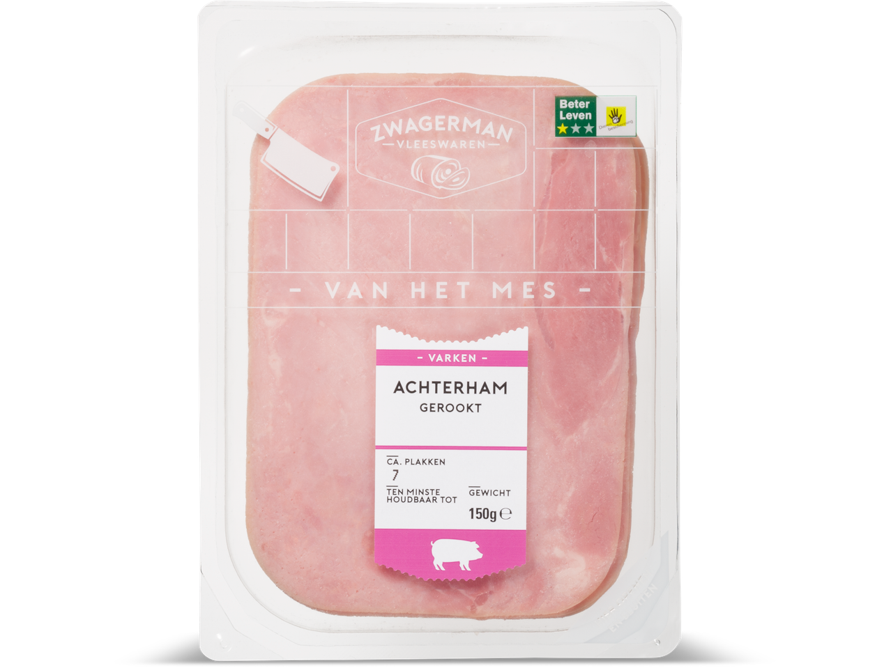 Zwaggerman gerookte achterham in plastic verpakking.