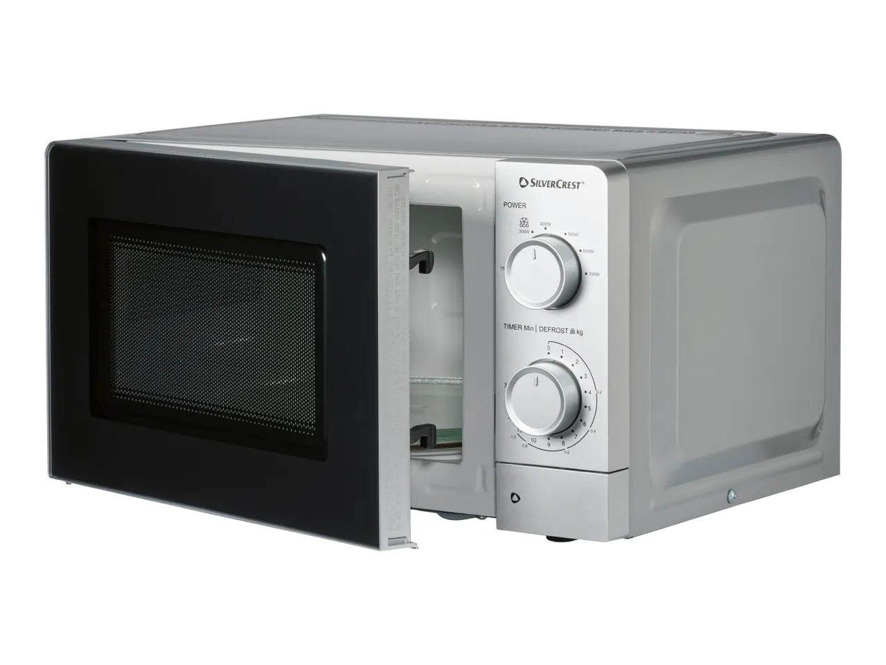Silver and black microwave oven with the door slightly ajar, showing power and timer dials.