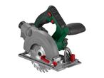 A circular saw with a grey body, green and black handle, and a silver blade.