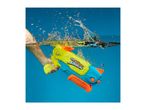A hand holding a colorful water blaster partially submerged in blue water with splashes.