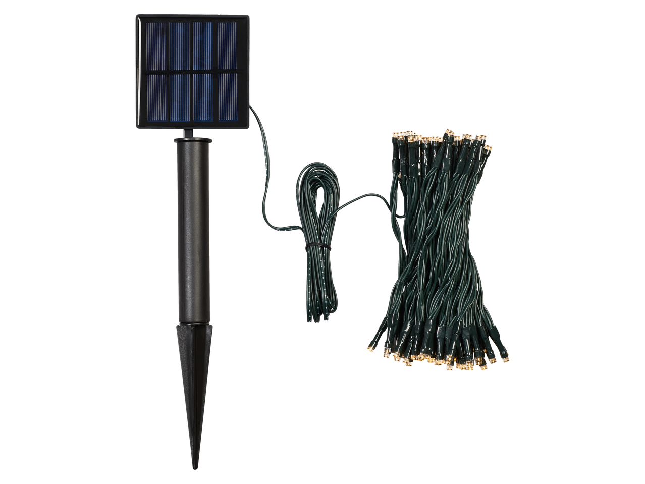 Szolár fényfüzér sötétzöld kábellel és meleg fehér LED-ekkel