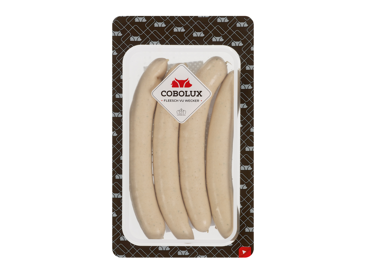 Saucisses grillées Cobolux, « Saucisse grillée » dans une barquette en plastique transparent.