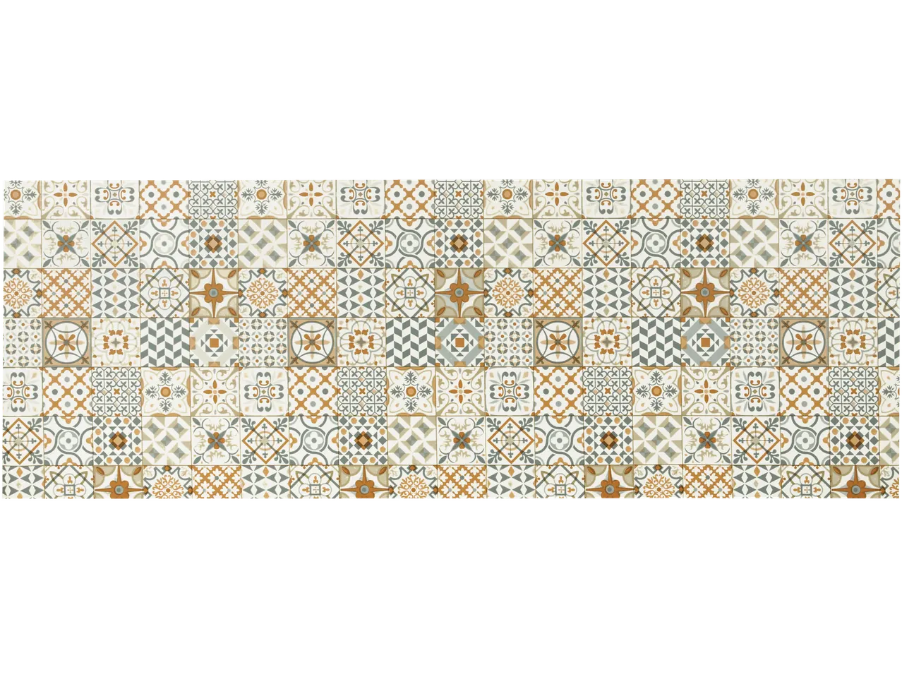 Passadeira de cozinha LIVARNO com padrão de azulejos geométricos e florais em tons de castanho, cinzento e bege.