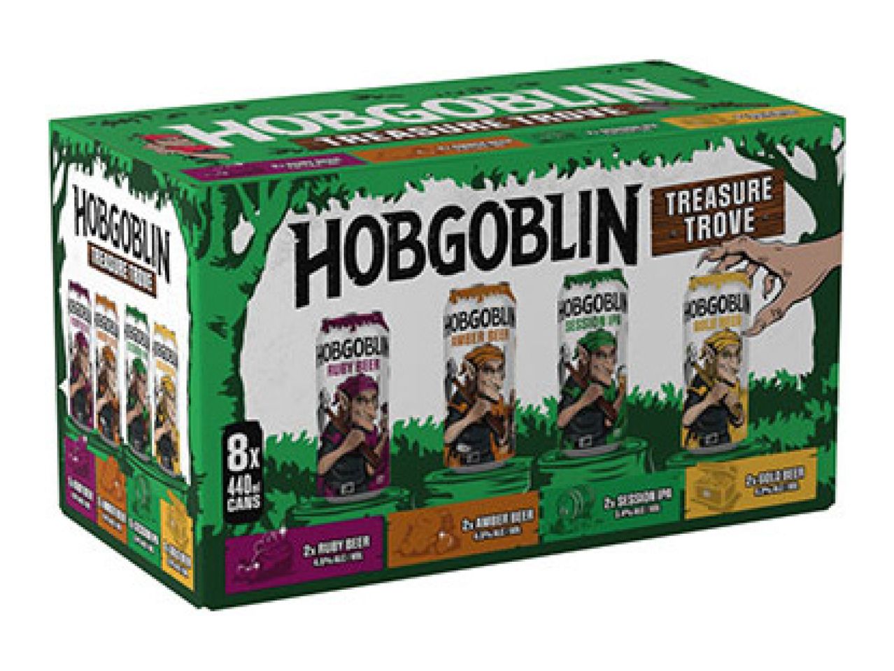 Hobgoblin Treasure Trove 8x440ml cans, featuring Ruby, Amber, Session IPA, and Gold beers.