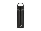 Black insulated water bottle with a handle and a white triangular logo.