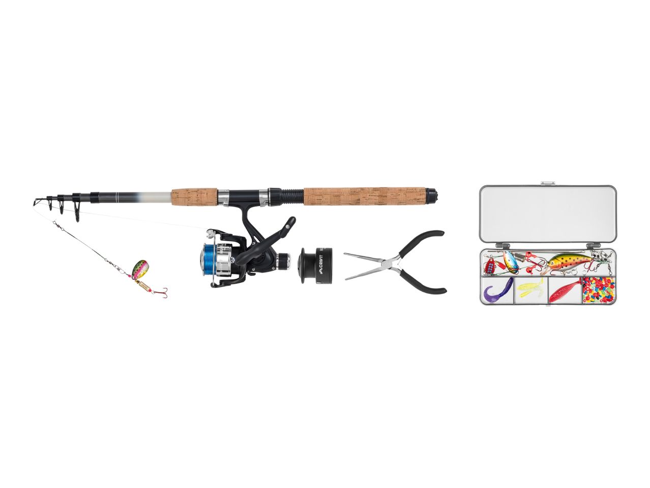 Fishing rod with reel, fishing lures, pliers, and a tackle box with various fishing accessories.