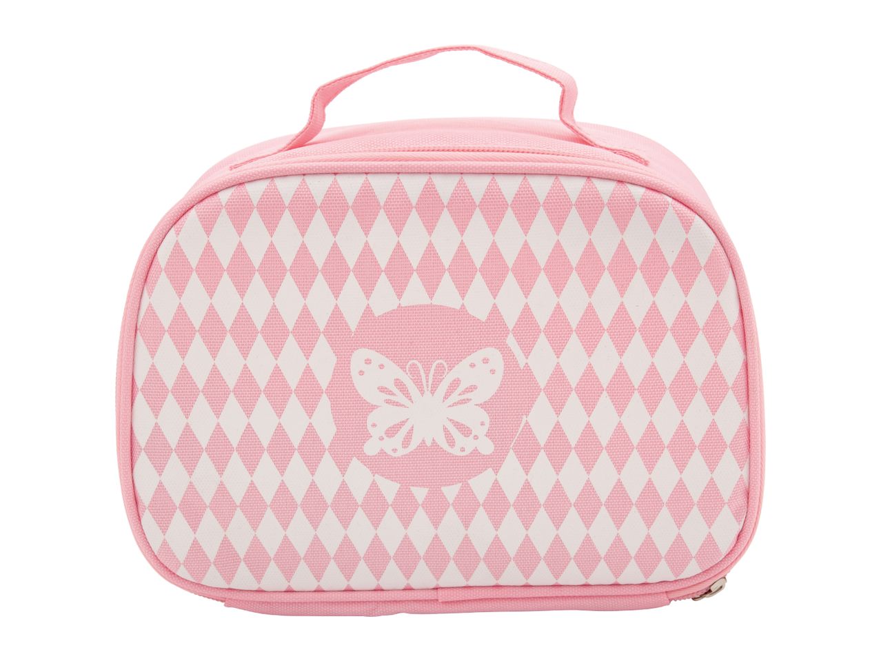 Pink and white diamond pattern lunch bag with a butterfly design
