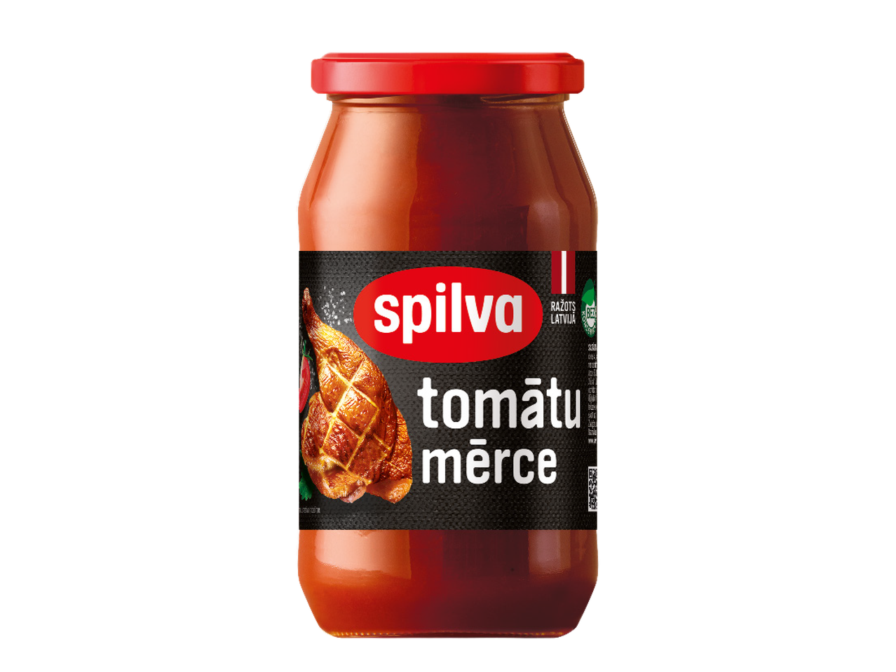 Spilva tomātu mērce stikla burkā ar sarkanu vāku, uz melnas etiķetes redzams cepts vistas gabals.