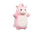 Pink unicorn plush toy with a white belly and small arms, standing upright.