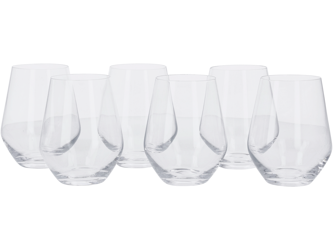 Sešas caurspīdīgas, bezkāju vīna glāzes ar unikālu formu.