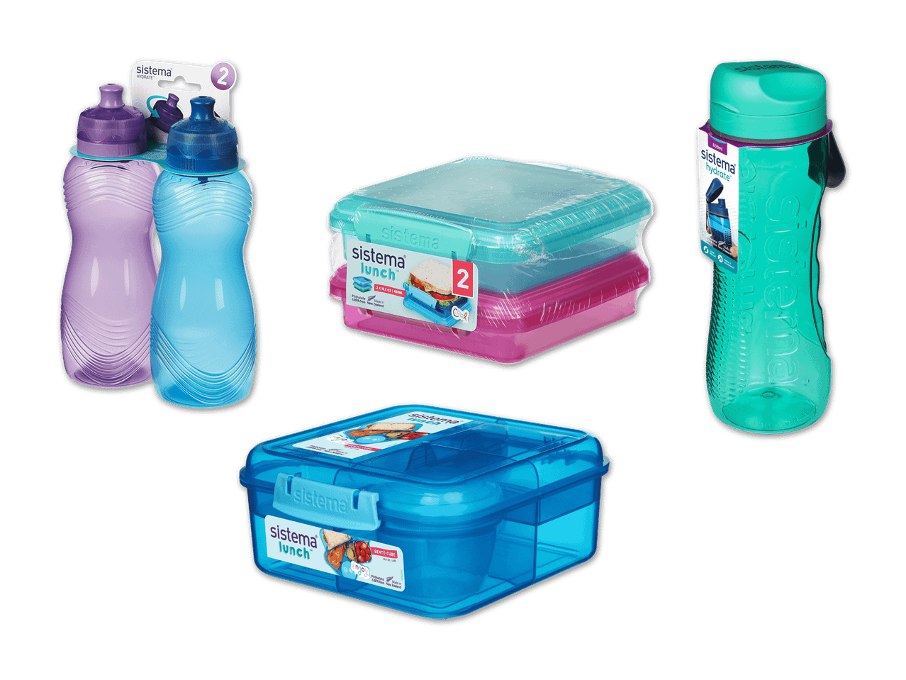 Sistema Lunchboxen und Trinkflaschen in verschiedenen Farben und Größen.