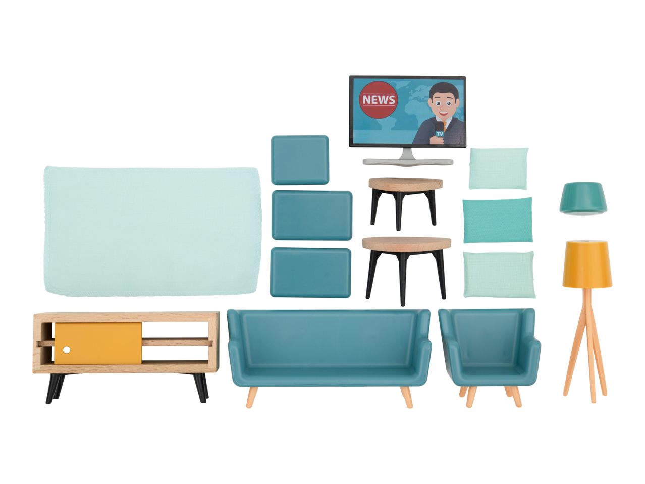 Dollhouse living room furniture set with sofa, armchair, TV, tables, and lamps.