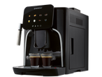 Black automatic coffee machine with a touchscreen display and two cups of espresso.