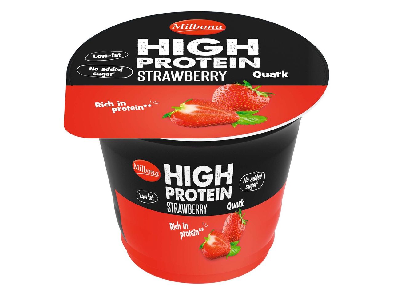 Milbona High Protein eper quark, alacsony zsírtartalmú, cukor nélkül.