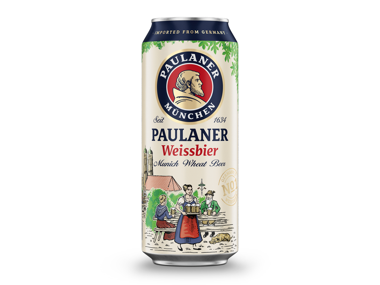 Blik tarwebier met traditionele Duitse afbeeldingen en de tekst 'Munich Wheat Beer'.