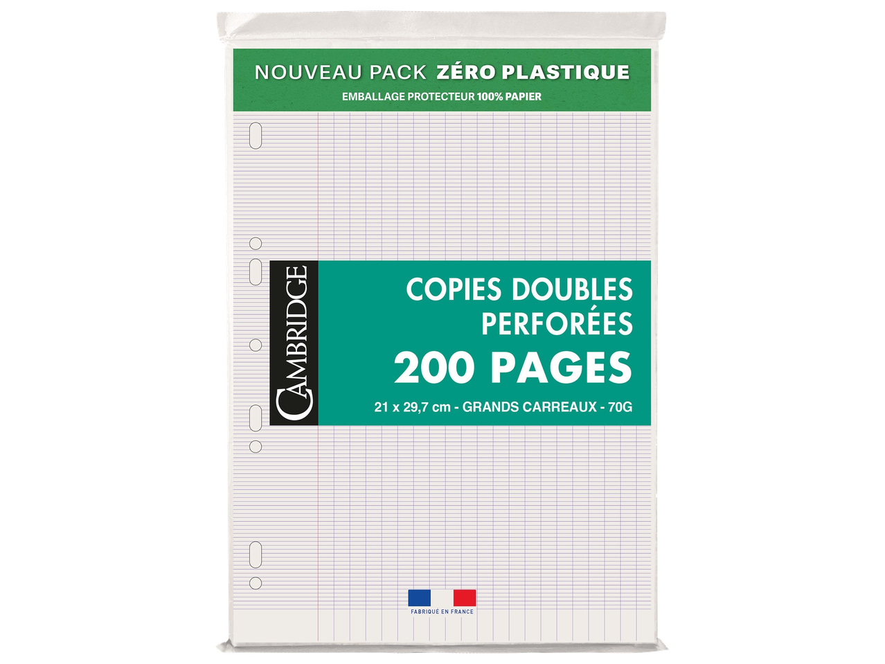 Paquet de 200 feuilles doubles perforées, grands carreaux, 21 x 29,7 cm, 70g, emballage zéro plastique.