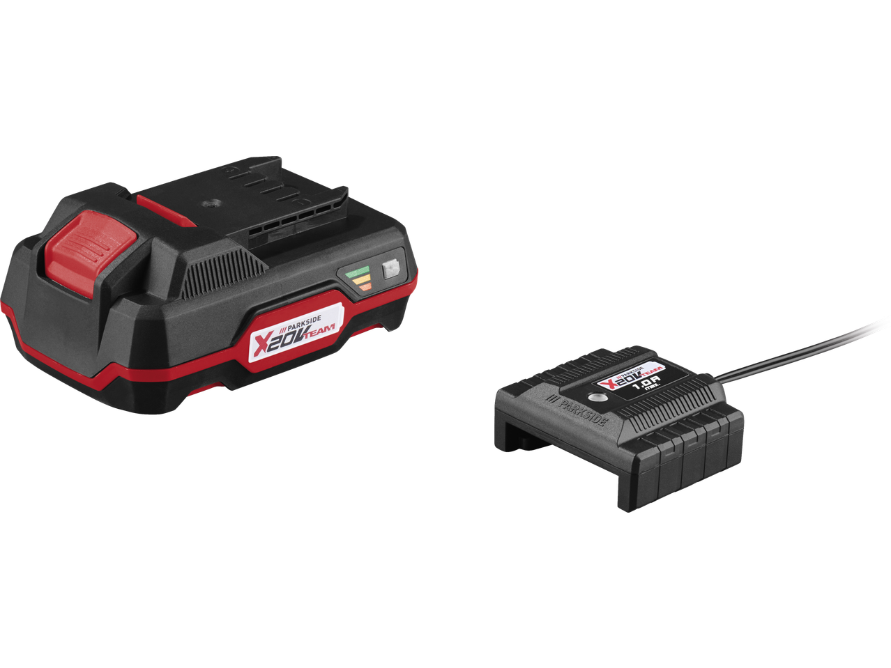 A black and red power tool battery with a charge indicator and a black charger.