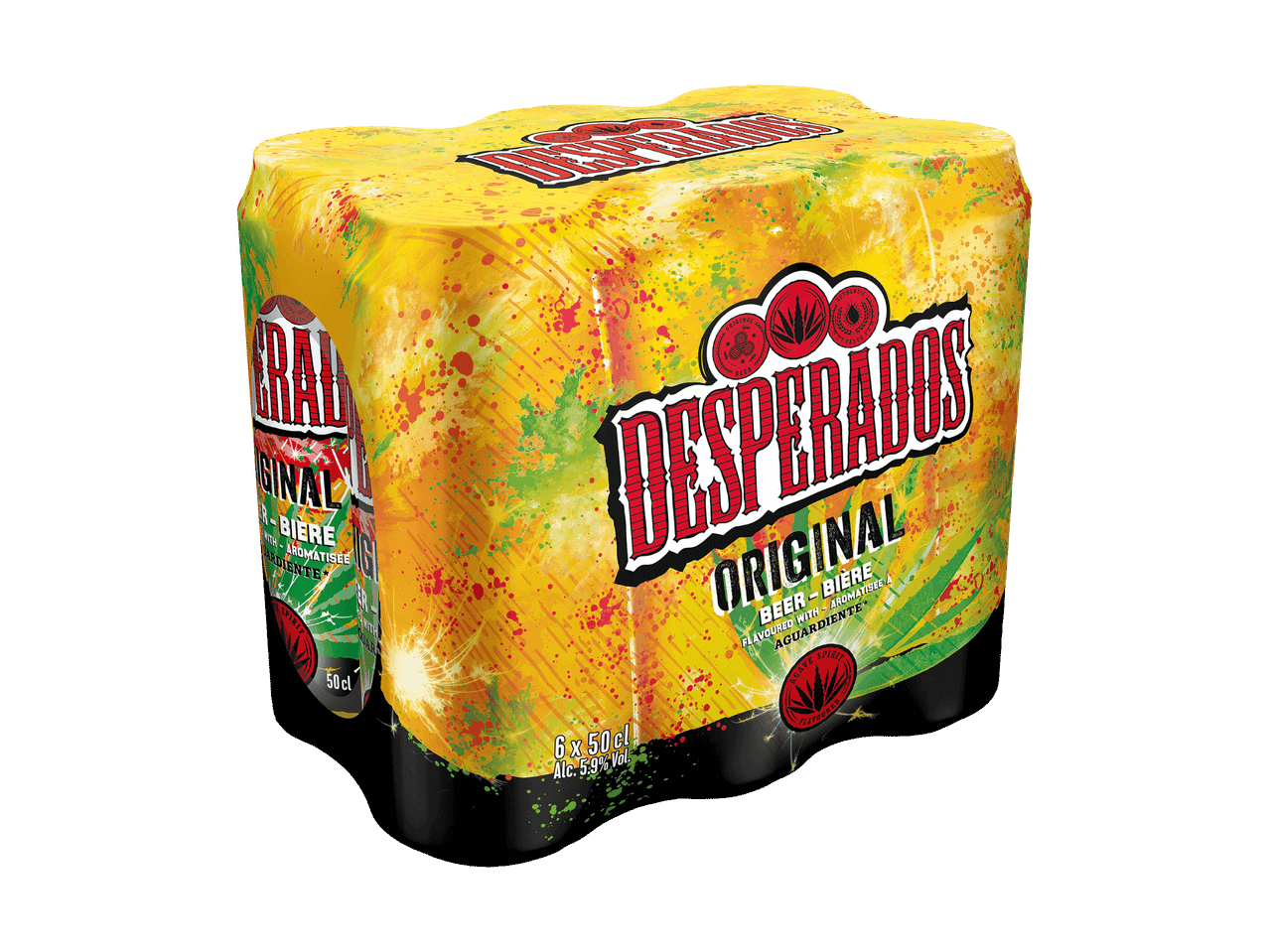 6er-Pack Desperados Original Bierdosen, je 50 cl, mit 5,9% Alkohol.