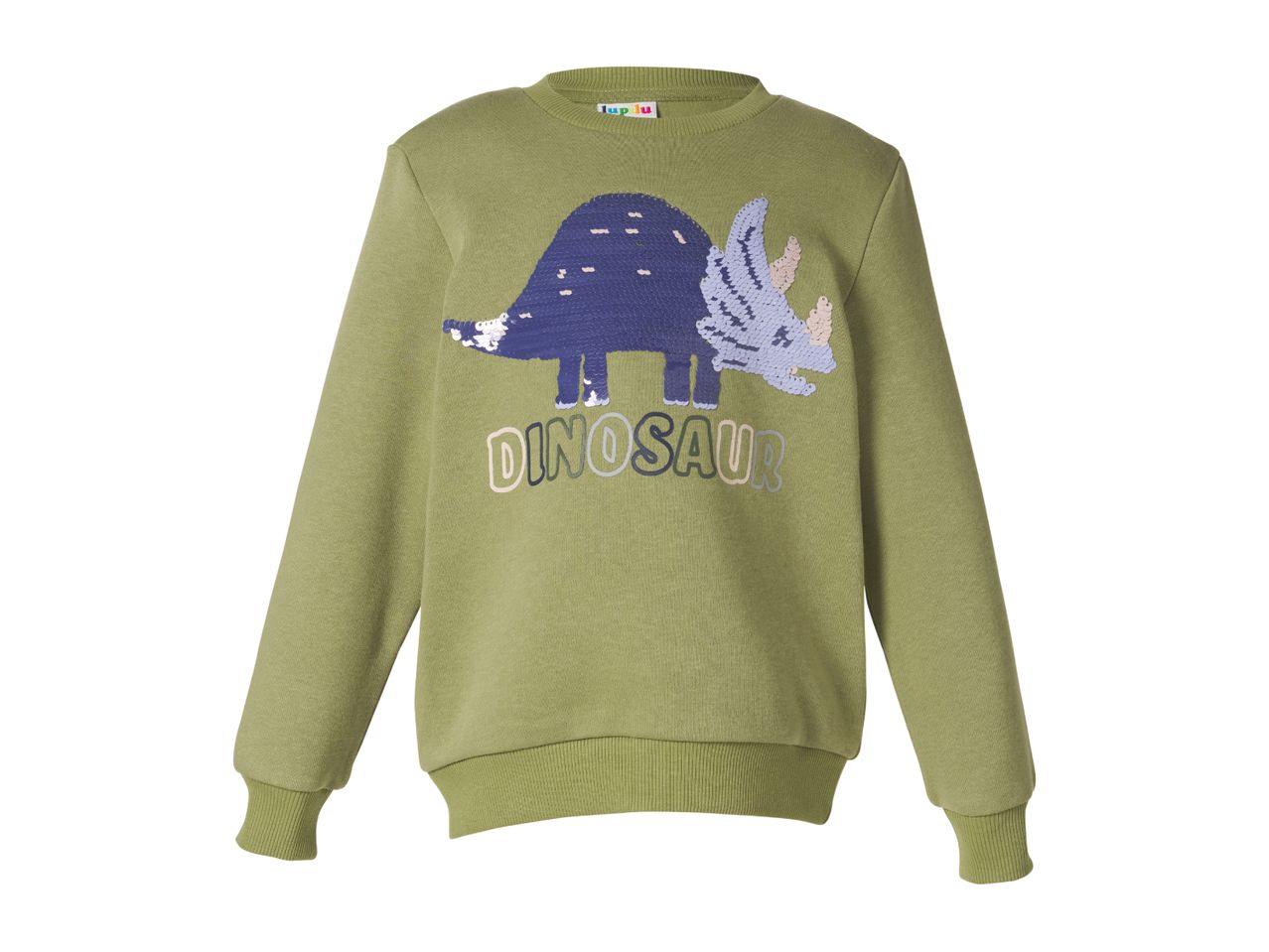 Green long-sleeved sweatshirt with a sequined dinosaur design and 'DINOSAUR' text.