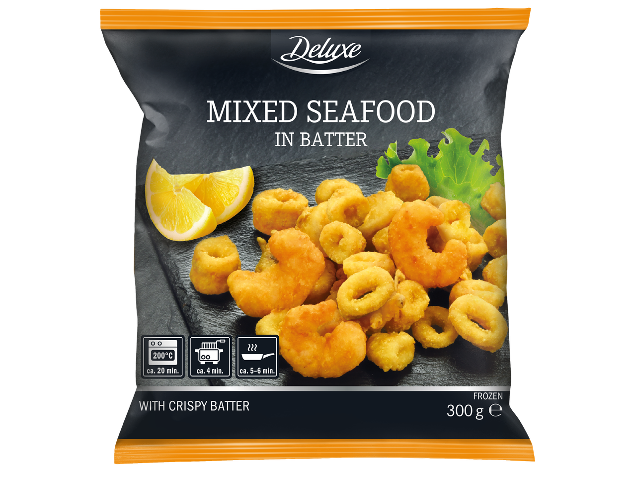 Замразен микс от морски дарове в хрупкава панировка, с резен лимон и маруля.