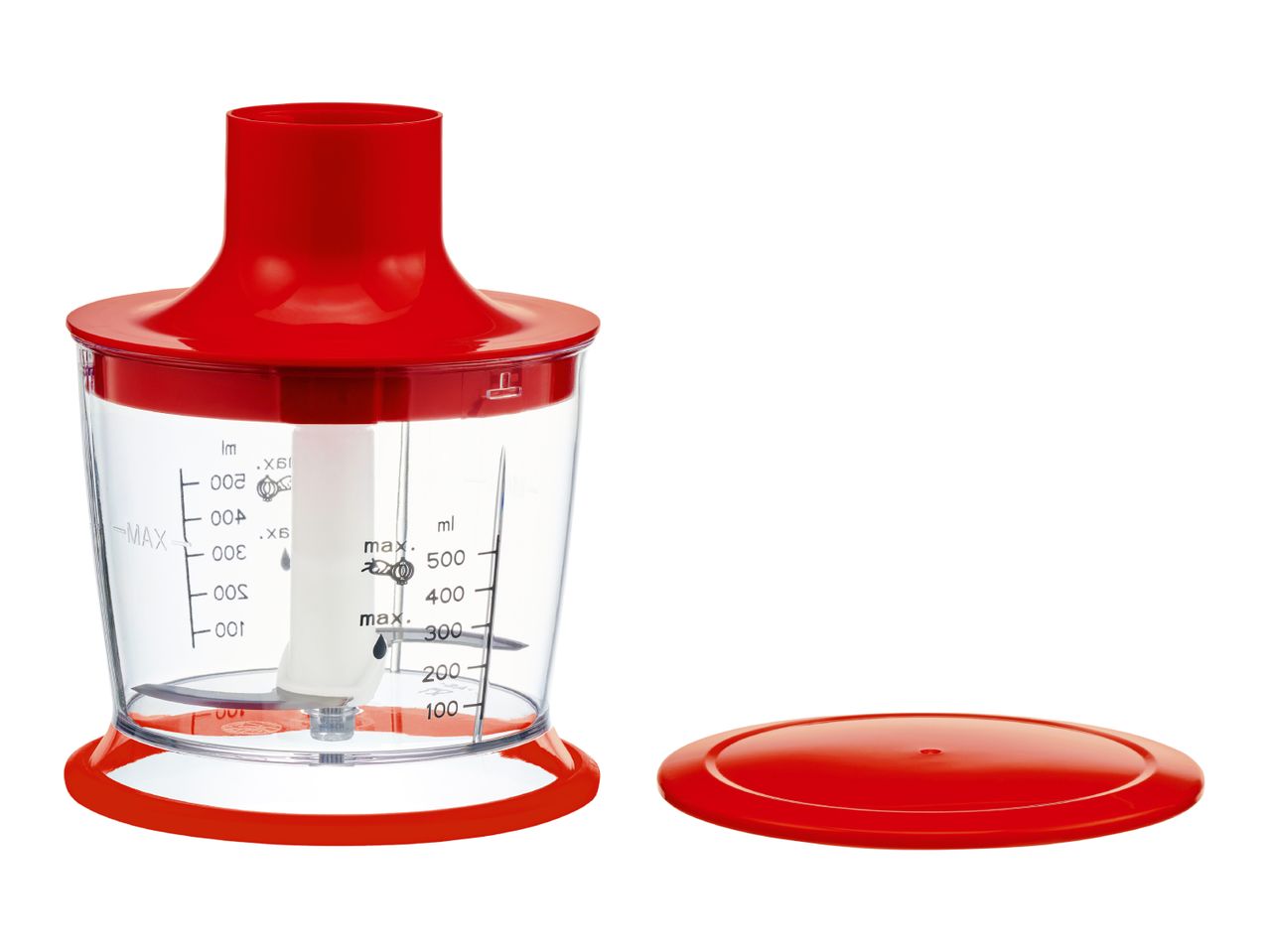 Red hand blender chopper attachment with container and lid