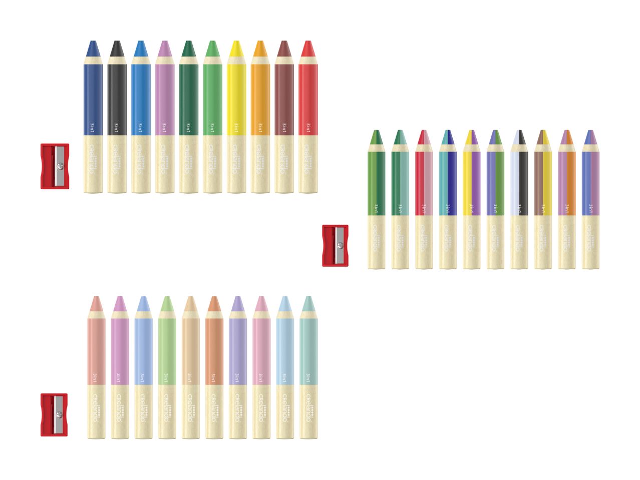 Drei Sets Pastellkreiden in verschiedenen Farben.