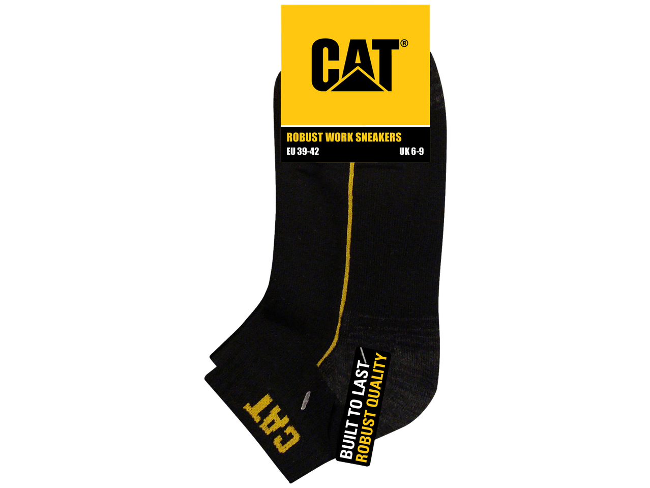 Sapatilhas de trabalho robustas CAT em preto com logótipo e risca amarela, tamanhos EU 39-42, UK 6-9.