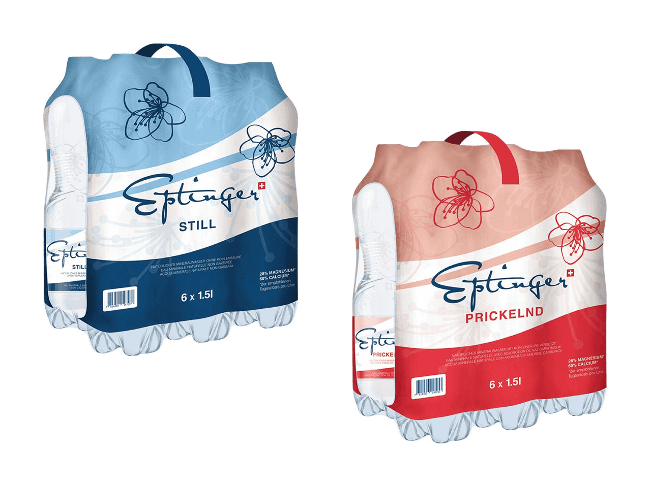 Multipacks stilles und prickelndes Mineralwasser, mit stilisierten Blumen.