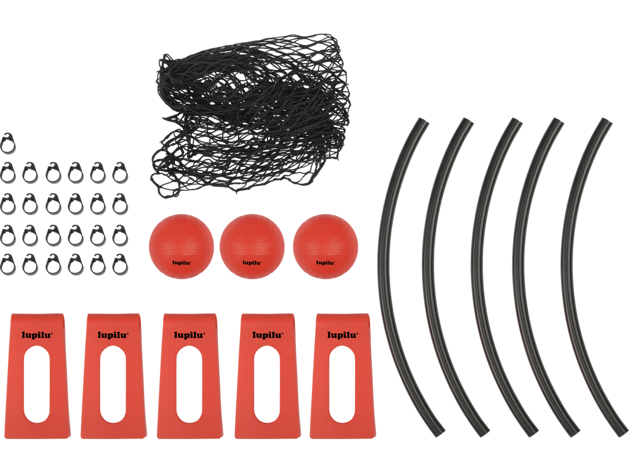 Lupilu spēļu komplekts ar tīklu, bumbām, konusiem un caurulēm.