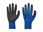 Pair of blue and black work gloves, one showing the textured palm, the other with product details.