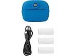 Blue instant print camera with charging cable and three rolls of paper.