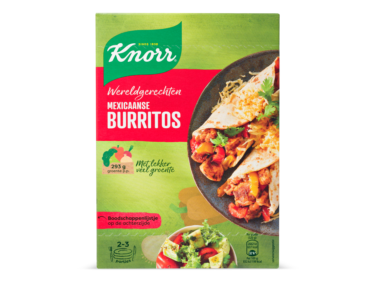 Mexicaanse burritos maaltijdpakket met groenten en salade op de verpakking.