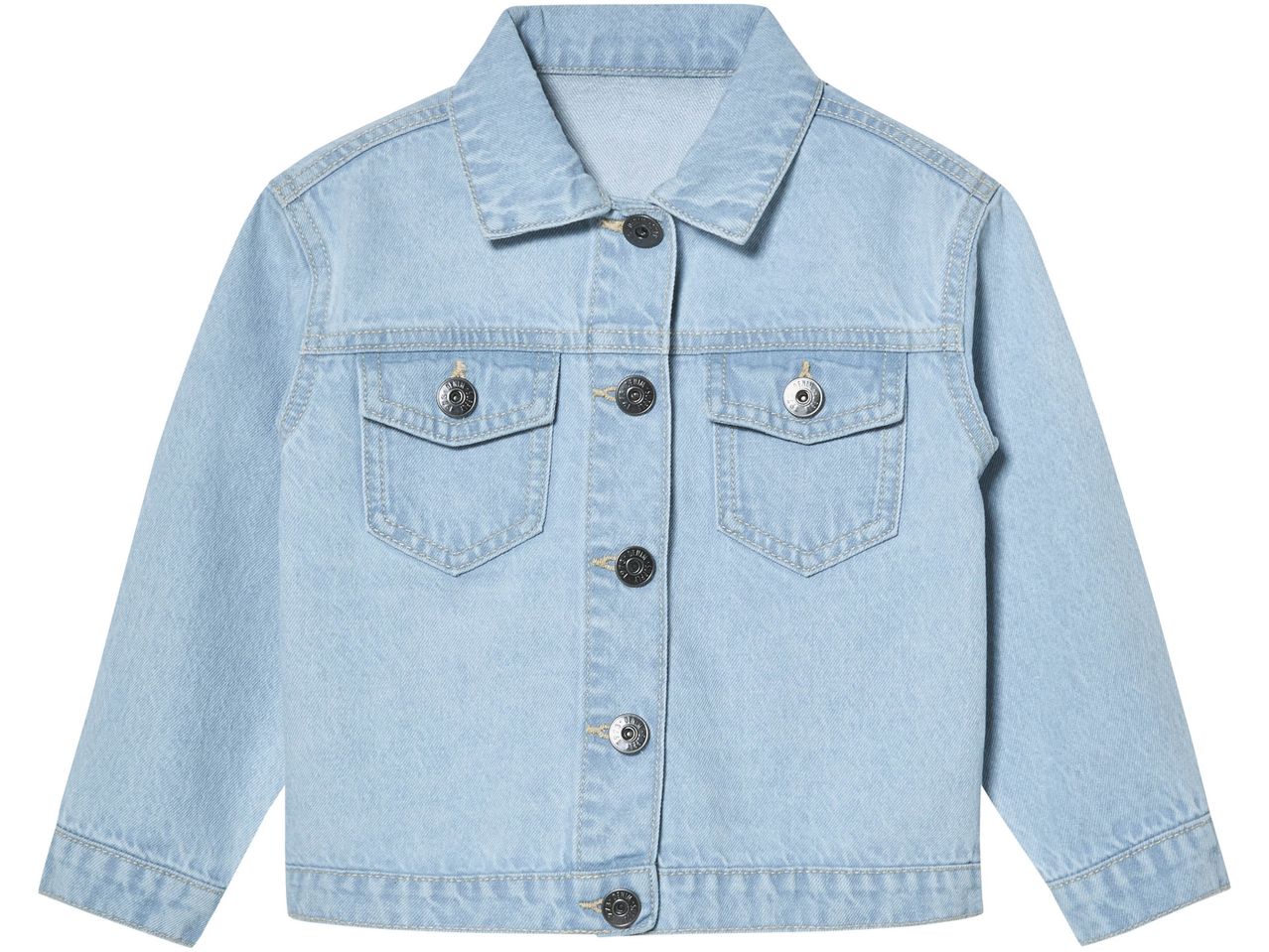 Light blue denim jacket with metal buttons and chest pockets.