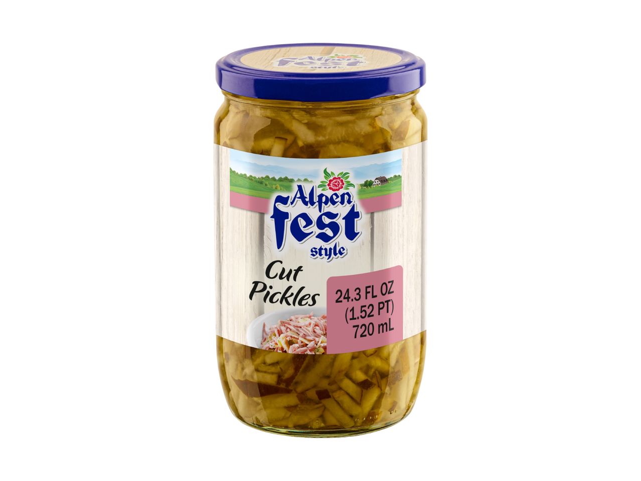 Jar of cut pickles with a label featuring a mountain landscape and a bowl of salad.