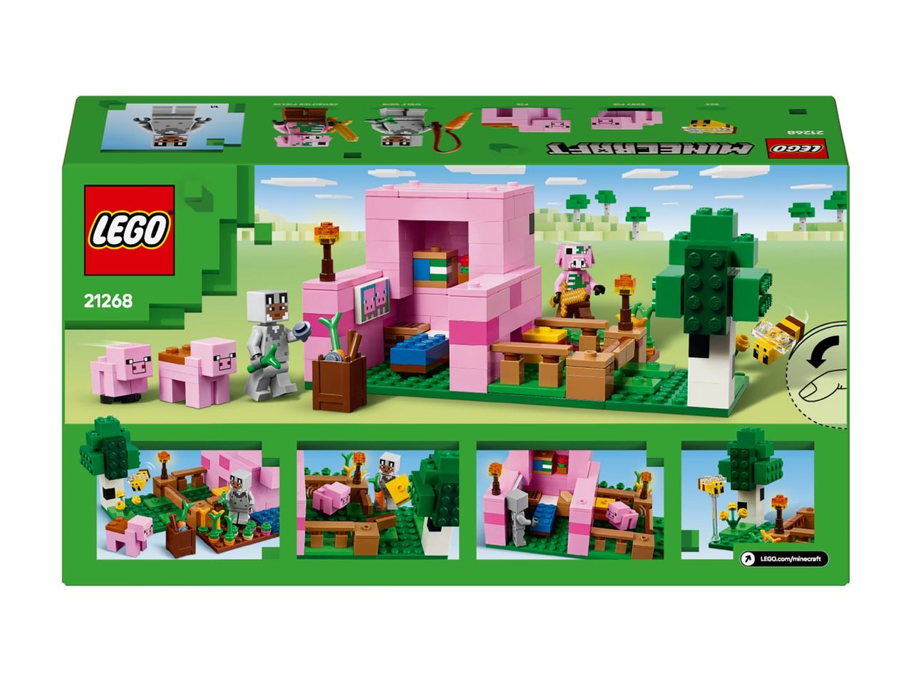 LEGO Minecraft set 21268, featuring a pig house, characters, and accessories.