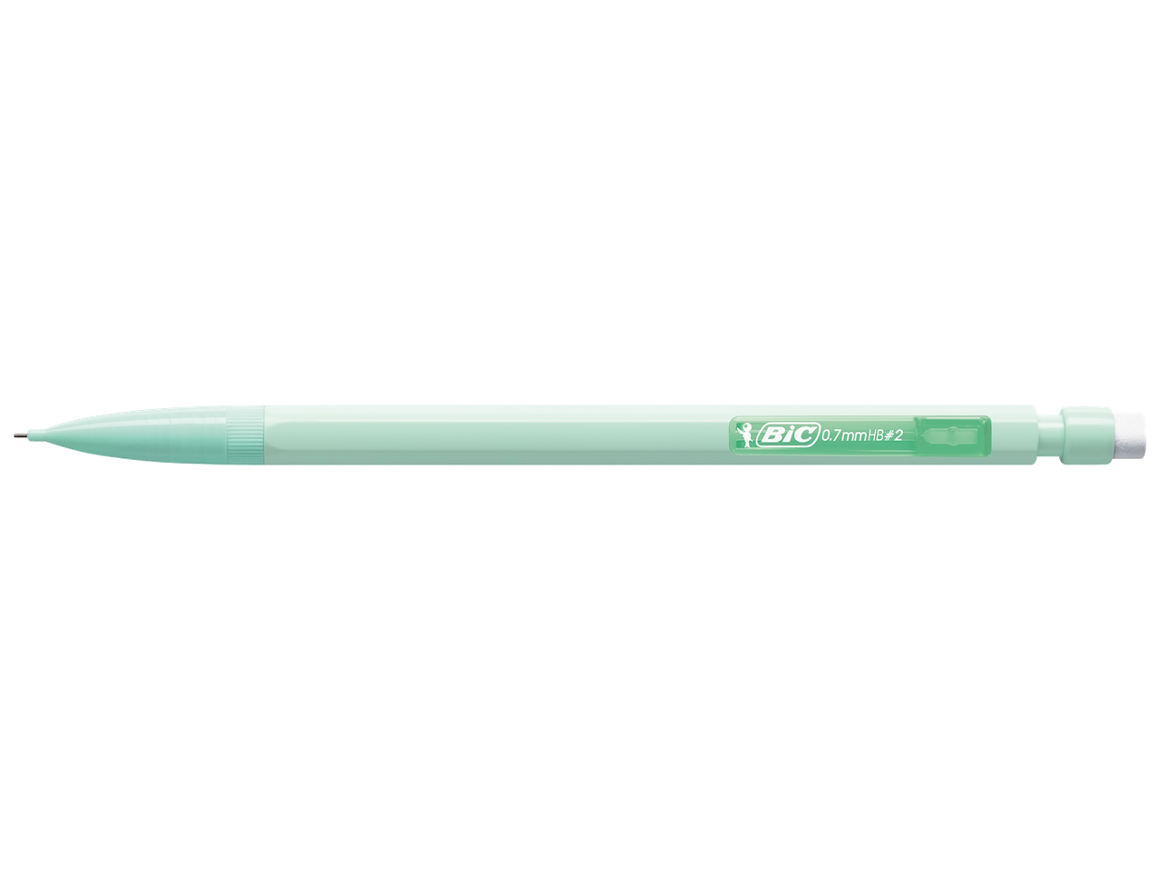 Crayon mécanique vert menthe avec une gomme blanche à l'extrémité.