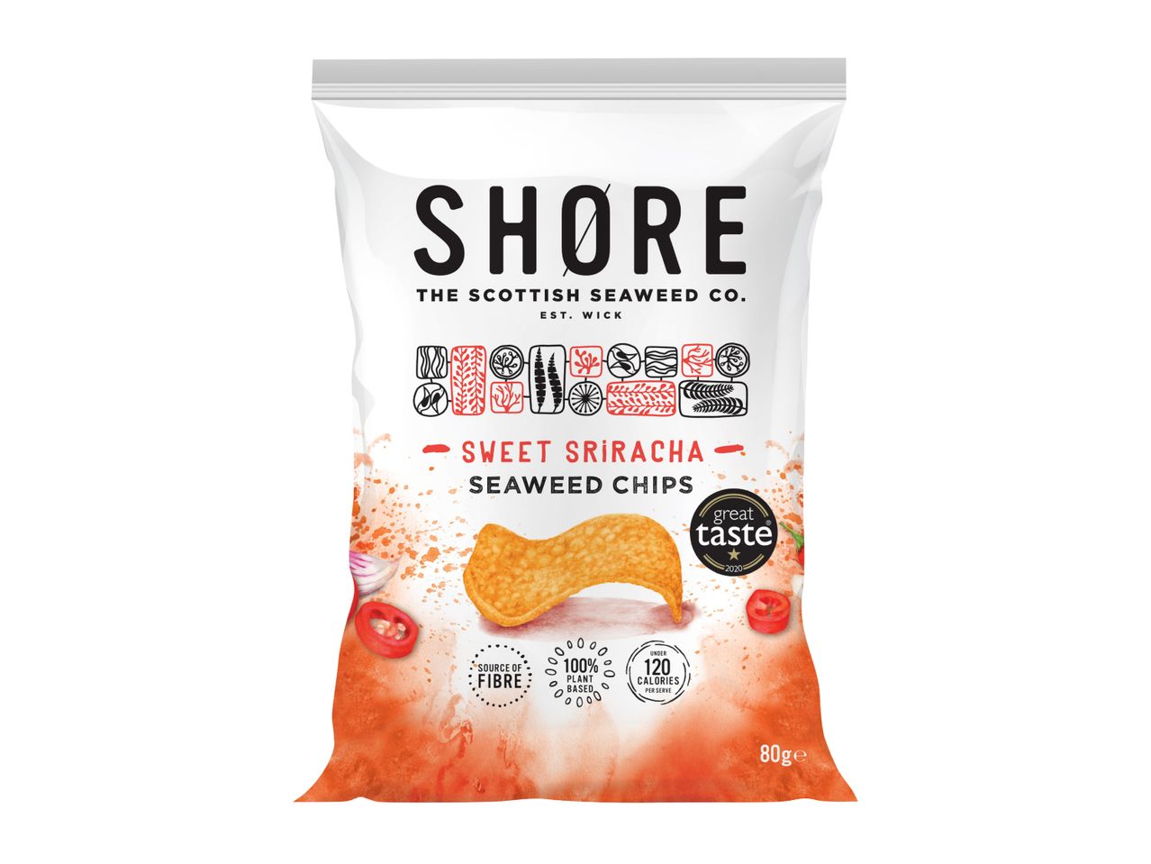 White bag of sweet sriracha seaweed chips with a 'great taste' award, highlighting 'source of fibre', '100% plant based', and 'under 120 calories per serve'.