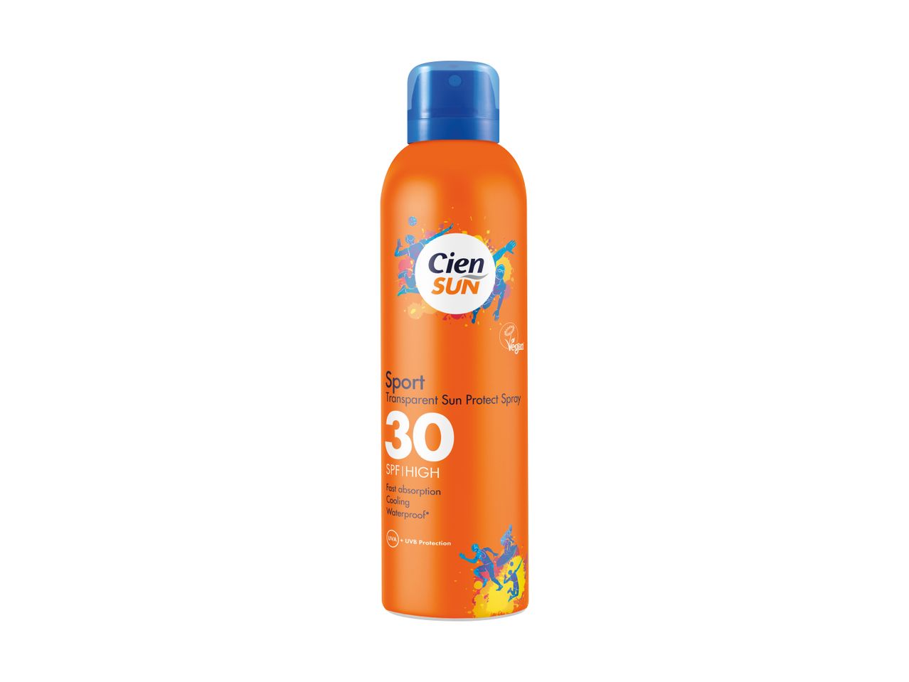 Orange sun protection spray with SPF 30, featuring a sport theme and vegan label.