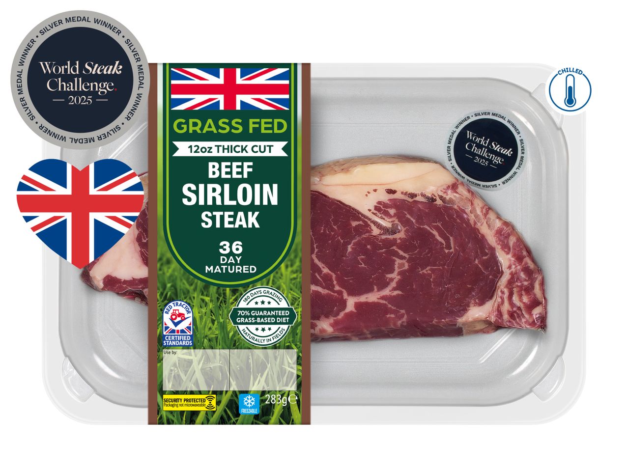 Packaged grass-fed beef sirloin steak, 12oz thick cut, 36-day matured, with a World Steak Challenge silver medal.