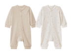 To babyheldragter: en ensfarvet beige og en hvid med beige stjerneprint.
