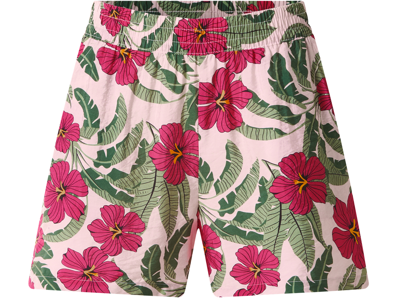 Pantaloni scurți de damă ESMARA cu imprimeu floral fucsia și frunze verzi