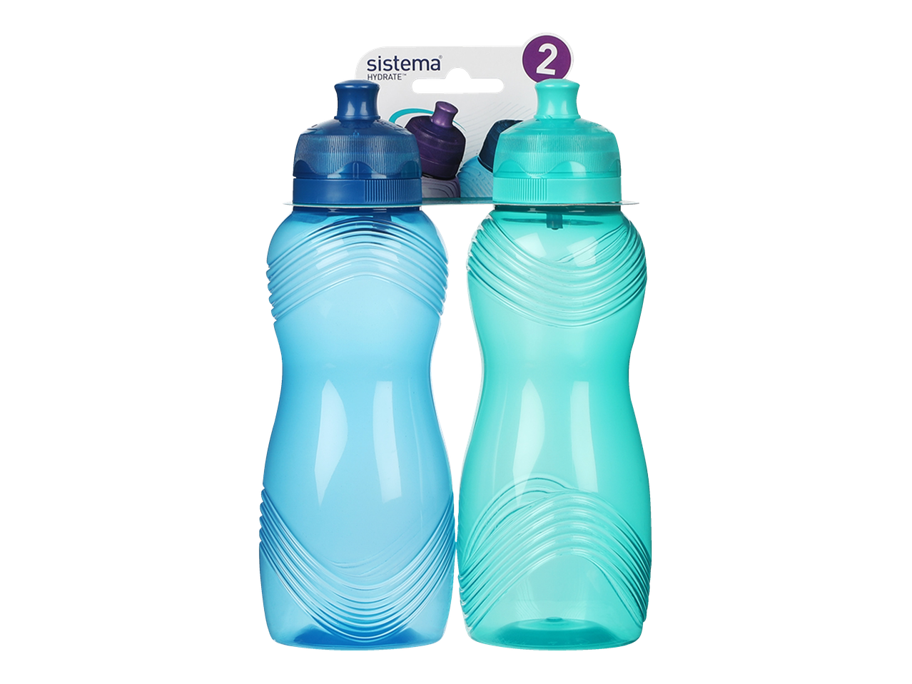 Două sticle Sistema Hydrate, albastră și turcoaz.