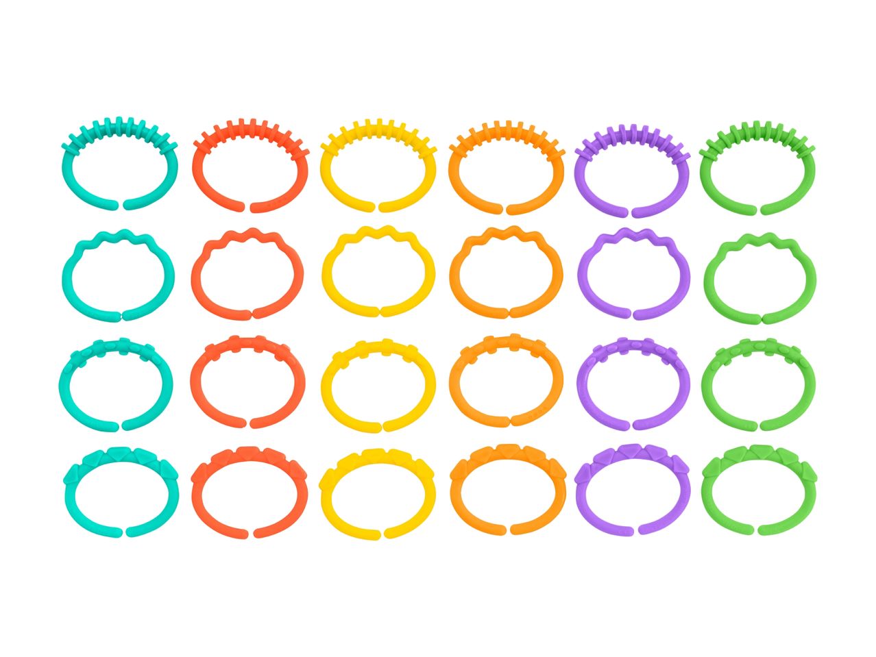 A collection of colorful baby teether rings with various textures.